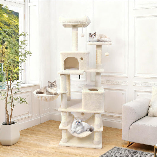 66 Inch Tall Cat Tree Multi-Level Cat Tower with 2 Condos Sisal Scratching Posts-Beige W2B
