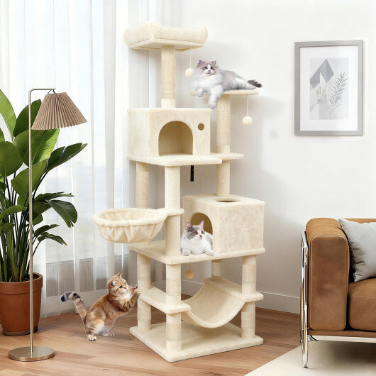 66 Inch Tall Cat Tree Multi-Level Cat Tower with 2 Condos Sisal Scratching Posts-Beige W2B