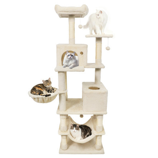 66 Inch Tall Cat Tree Multi-Level Cat Tower with 2 Condos Sisal Scratching Posts-Beige W2B
