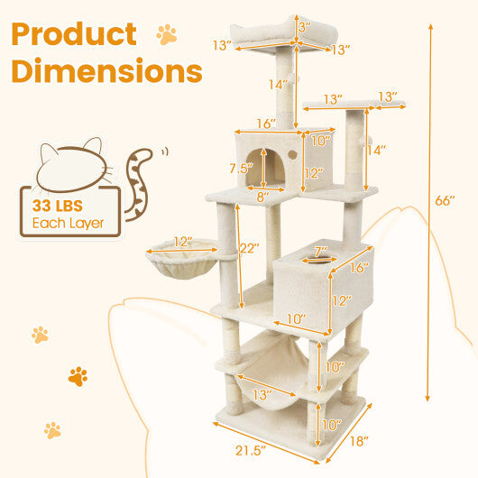 66 Inch Tall Cat Tree Multi-Level Cat Tower with 2 Condos Sisal Scratching Posts-Beige W2B