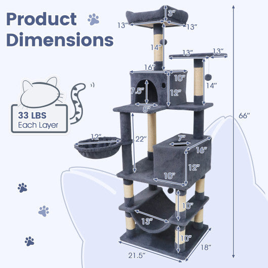 66 Inch Tall Cat Tree Multi-Level Cat Tower with 2 Condos Sisal Scratching Posts-Beige W2B
