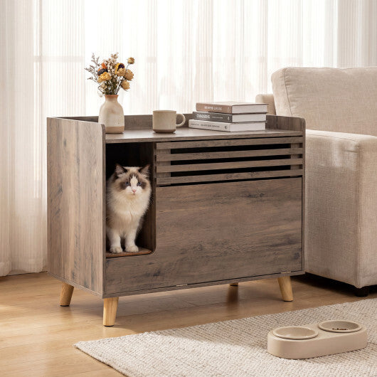 Cat Litter Box Enclosure with Flip-down Opening Door and Scratching Mat-Brown W2B