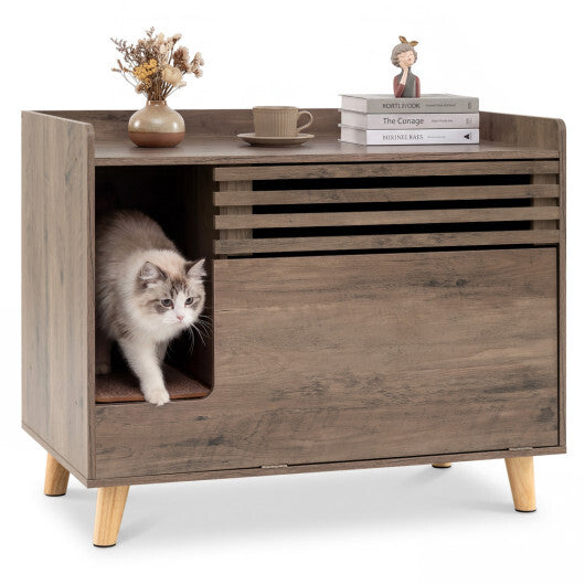 Cat Litter Box Enclosure with Flip-down Opening Door and Scratching Mat-Brown W2B