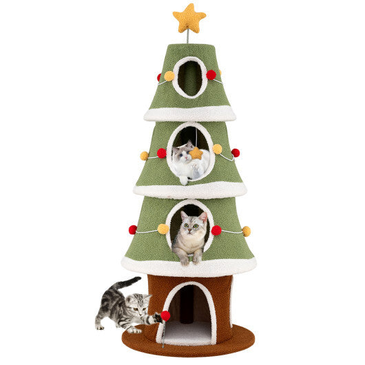 Large Christmas Cat Tree for Indoor Cats 61 Inch Cute Cat Tower with 4 Condos-Green W2B