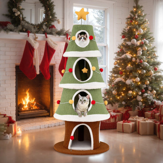 Large Christmas Cat Tree for Indoor Cats 61 Inch Cute Cat Tower with 4 Condos-Green W2B