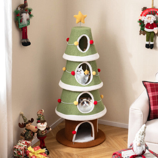 Large Christmas Cat Tree for Indoor Cats 61 Inch Cute Cat Tower with 4 Condos-Green W2B