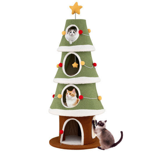 Large Christmas Cat Tree for Indoor Cats 61 Inch Cute Cat Tower with 4 Condos-Green W2B