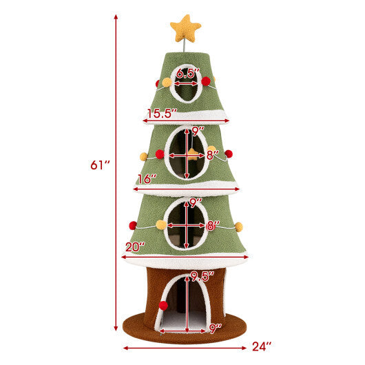 Large Christmas Cat Tree for Indoor Cats 61 Inch Cute Cat Tower with 4 Condos-Green W2B