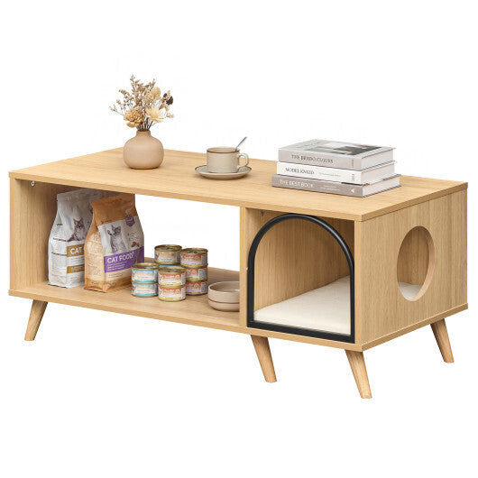 40 Inch Coffee Table Cat House 2-in-1 Wooden Kitten Furniture with Open Storage Shelf-Natural W2B