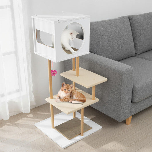 Tall Wood Cat Tower with 2 Corrugated Cardboard-White