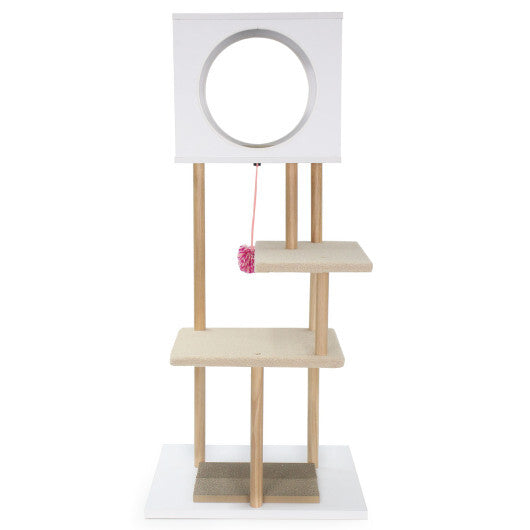 Tall Wood Cat Tower with 2 Corrugated Cardboard-White