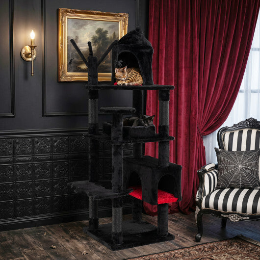 70 Inch Gothic Cat Tree for Indoor Cats with Castle and House W2B