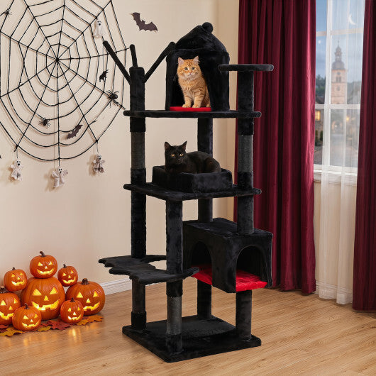 70 Inch Gothic Cat Tree for Indoor Cats with Castle and House W2B