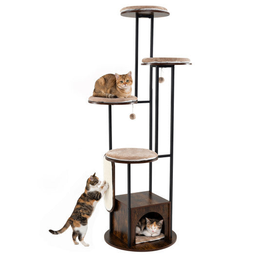 72-Inch Tall Multi-Level Cat Condo with Top Perch Platforms and Removable Washable Mats-Rustic Brown W2B