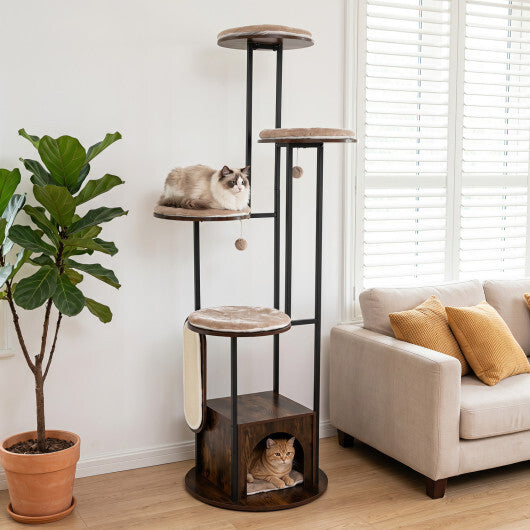 72-Inch Tall Multi-Level Cat Condo with Top Perch Platforms and Removable Washable Mats-Rustic Brown W2B