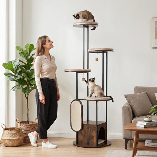 72-Inch Tall Multi-Level Cat Condo with Top Perch Platforms and Removable Washable Mats-Rustic Brown W2B