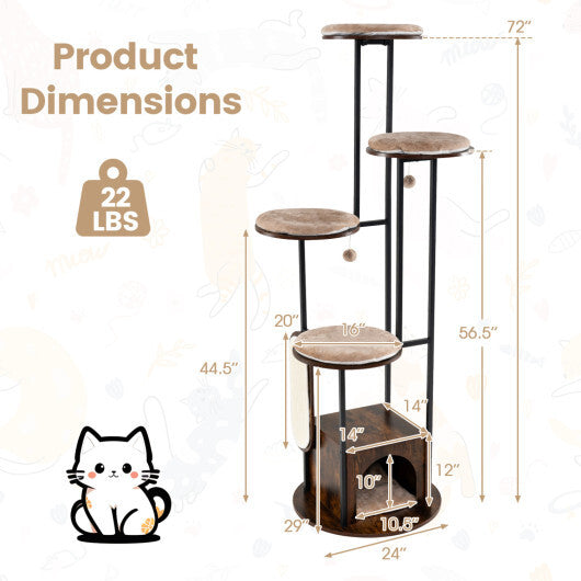 72-Inch Tall Multi-Level Cat Condo with Top Perch Platforms and Removable Washable Mats-Rustic Brown W2B