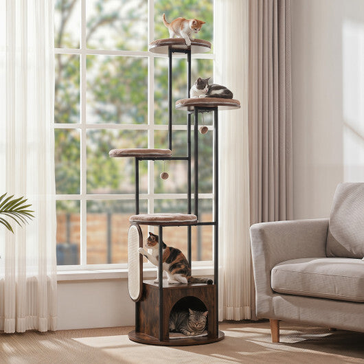 72-Inch Tall Multi-Level Cat Condo with Top Perch Platforms and Removable Washable Mats-Rustic Brown W2B