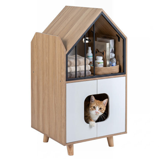 Cat Litter Box Enclosure with Shelf and 2 Doors Wooden House-Shaped for IndoorNatural W2B