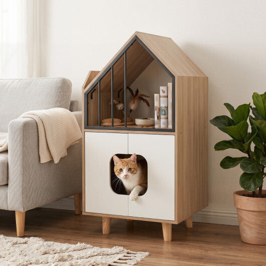 Cat Litter Box Enclosure with Shelf and 2 Doors Wooden House-Shaped for IndoorNatural W2B