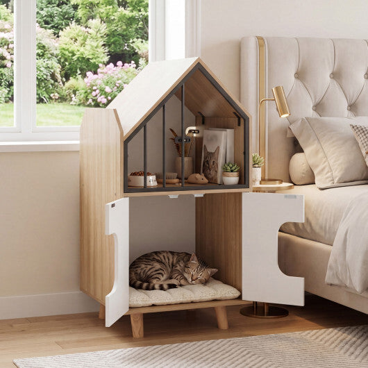 Cat Litter Box Enclosure with Shelf and 2 Doors Wooden House-Shaped for IndoorNatural W2B