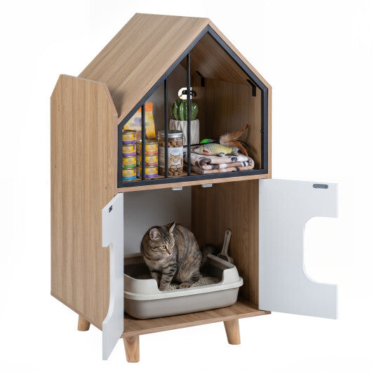 Cat Litter Box Enclosure with Shelf and 2 Doors Wooden House-Shaped for IndoorNatural W2B