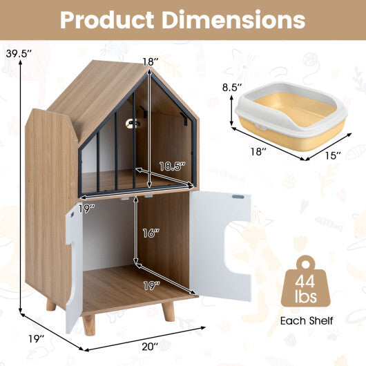 Cat Litter Box Enclosure with Shelf and 2 Doors Wooden House-Shaped for IndoorNatural W2B