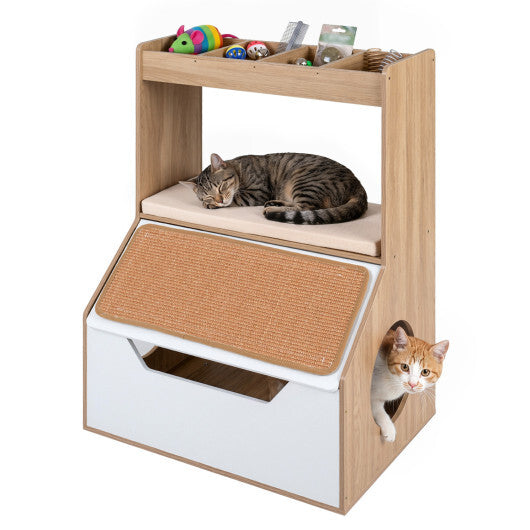 3-in-1 Hidden Cat House Cabinet with 4 Cubbies Removable Cushion and Scratching Pad-Natrual W2B