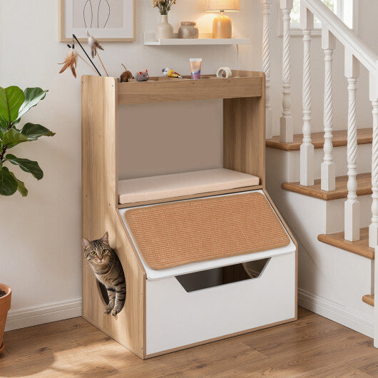 3-in-1 Hidden Cat House Cabinet with 4 Cubbies Removable Cushion and Scratching Pad-Natrual W2B
