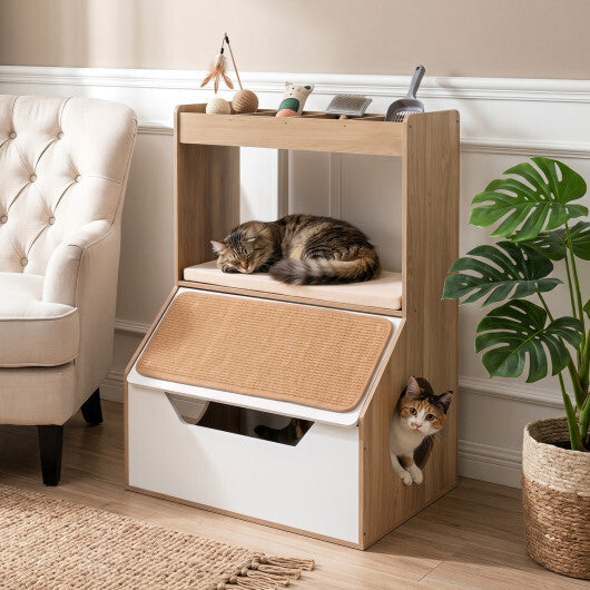 3-in-1 Hidden Cat House Cabinet with 4 Cubbies Removable Cushion and Scratching Pad-Natrual W2B