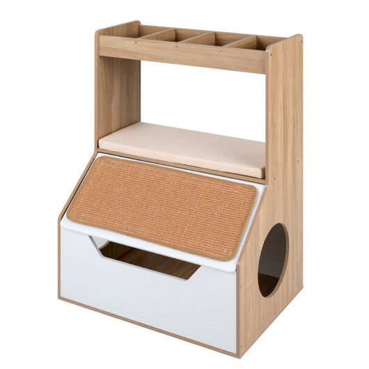 3-in-1 Hidden Cat House Cabinet with 4 Cubbies Removable Cushion and Scratching Pad-Natrual W2B