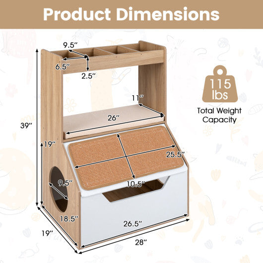 3-in-1 Hidden Cat House Cabinet with 4 Cubbies Removable Cushion and Scratching Pad-Natrual W2B