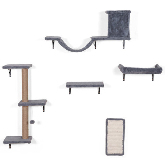 5-in-1 Cat Wall Shelves with Condo Bridge Perch Platform Scratching Post and Board for Indoor-Gray W2B