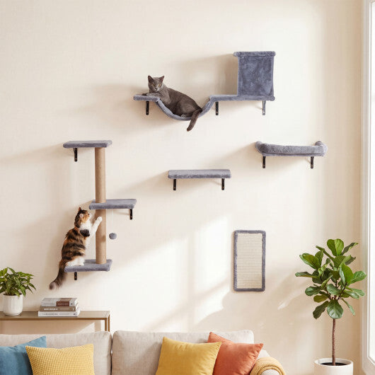 5-in-1 Cat Wall Shelves with Condo Bridge Perch Platform Scratching Post and Board for Indoor-Gray W2B
