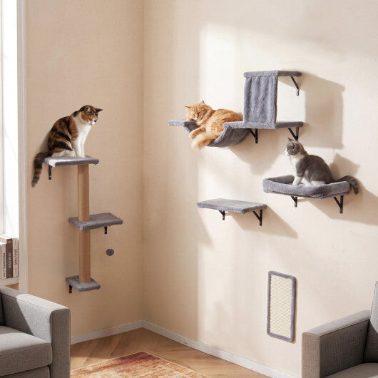 5-in-1 Cat Wall Shelves with Condo Bridge Perch Platform Scratching Post and Board for Indoor-Gray W2B