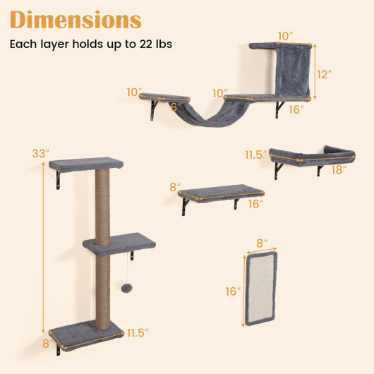 5-in-1 Cat Wall Shelves with Condo Bridge Perch Platform Scratching Post and Board for Indoor-Gray W2B