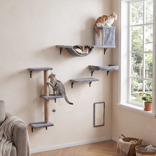 5-in-1 Cat Wall Shelves with Condo Bridge Perch Platform Scratching Post and Board for Indoor-Gray W2B
