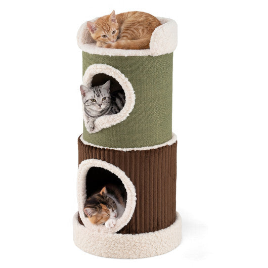 Barrel Cat House with Top Perch & Double Condos and Stable Base Modern-Green W2B