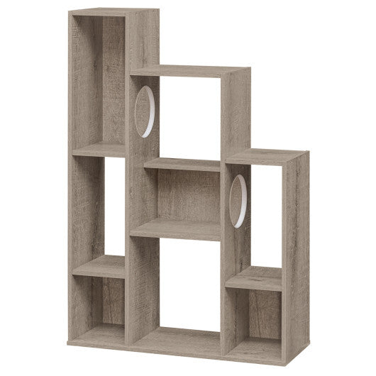 Modern Cat Bookshelf Cat Tree 8-Section Storage Cabinet with 2 Round Holes-Gray Oak W2B