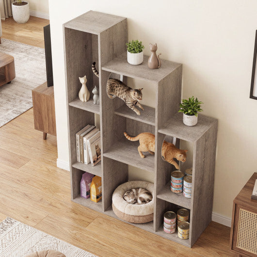 Modern Cat Bookshelf Cat Tree 8-Section Storage Cabinet with 2 Round Holes-Gray Oak W2B