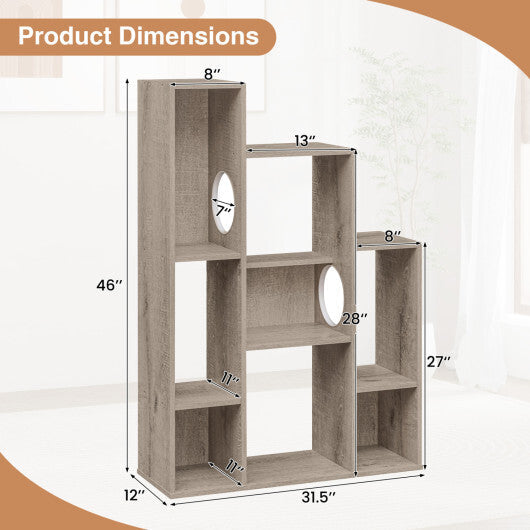 Modern Cat Bookshelf Cat Tree 8-Section Storage Cabinet with 2 Round Holes-Gray Oak W2B