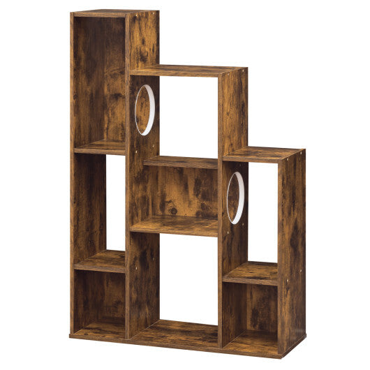 Modern Cat Bookshelf Cat Tree 8-Section Storage Cabinet with 2 Round Holes-Gray Oak W2B