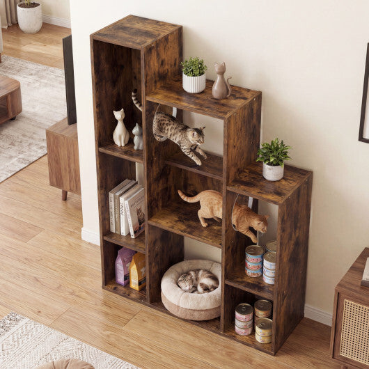 Modern Cat Bookshelf Cat Tree 8-Section Storage Cabinet with 2 Round Holes-Gray Oak W2B