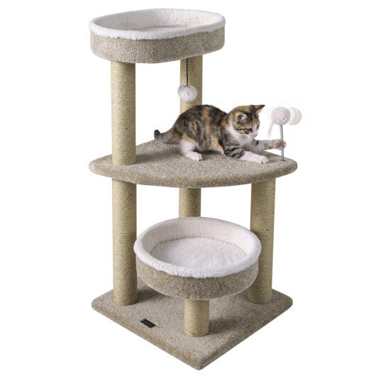 36" Carpeted Cat Tree with Plush Perches  Scratching Posts and Dangling Ball W2B