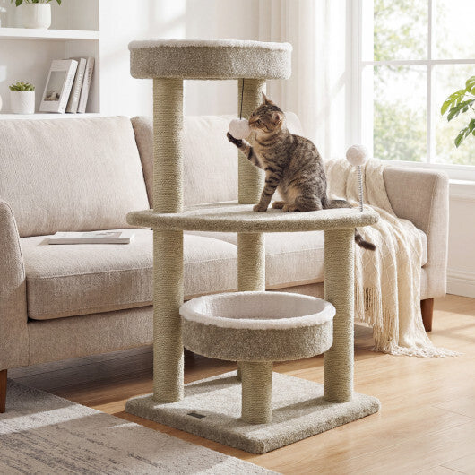 36" Carpeted Cat Tree with Plush Perches  Scratching Posts and Dangling Ball W2B