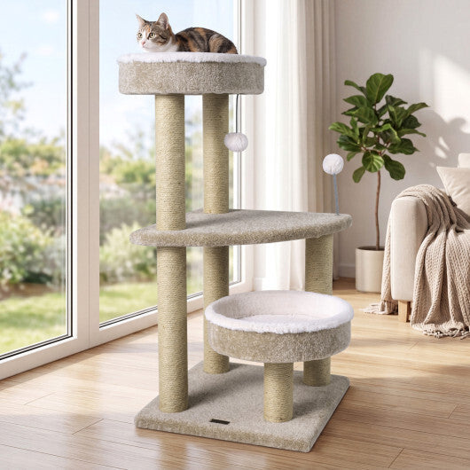 36" Carpeted Cat Tree with Plush Perches  Scratching Posts and Dangling Ball W2B