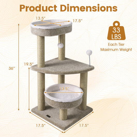 36" Carpeted Cat Tree with Plush Perches  Scratching Posts and Dangling Ball W2B