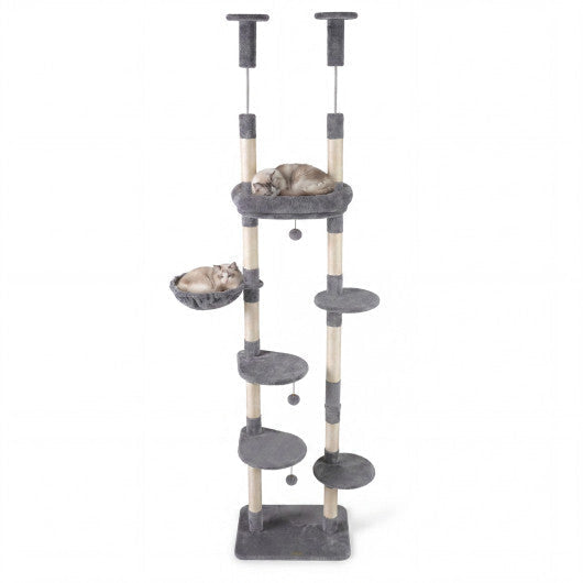 6-tier Floor to Ceiling Cat Tree with Plush Bed and Sisal Scratching Posts-Gray W2B