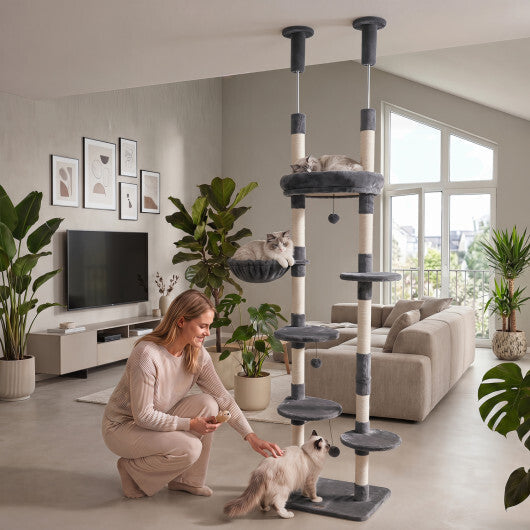 6-tier Floor to Ceiling Cat Tree with Plush Bed and Sisal Scratching Posts-Gray W2B