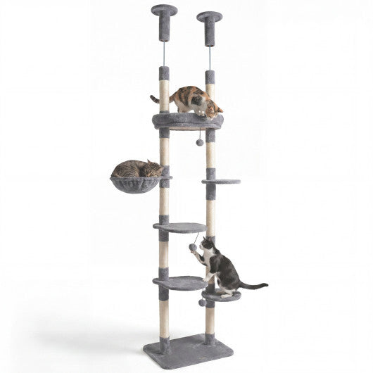 6-tier Floor to Ceiling Cat Tree with Plush Bed and Sisal Scratching Posts-Gray W2B